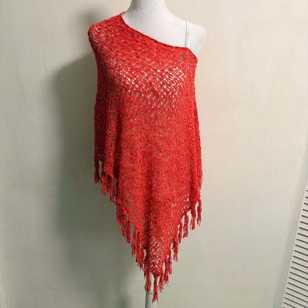 Lost River Clothing Coral Crochet Fringe Poncho Boho Festival Beach Cover Up OS